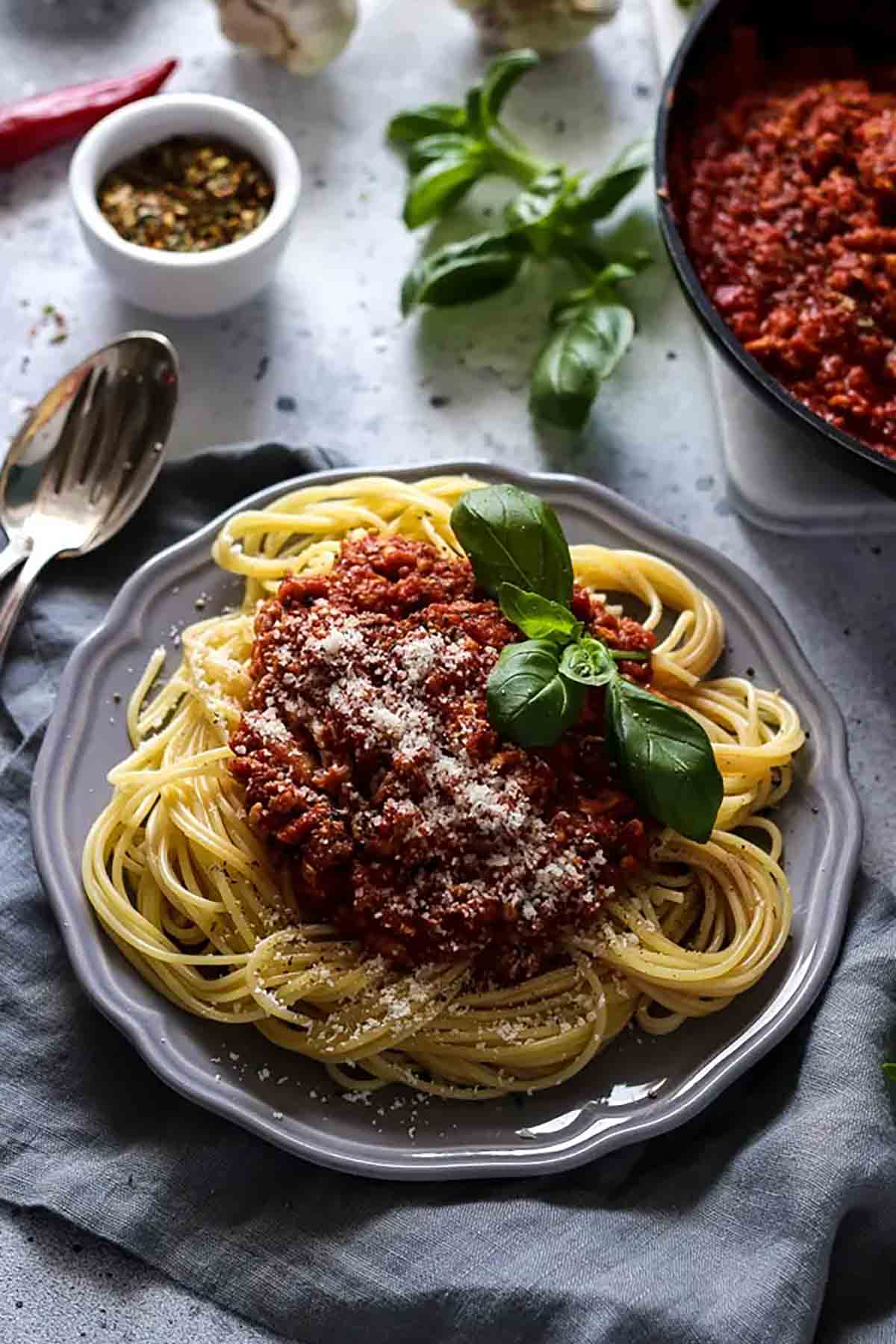 Vegan date night dinner- Spaghetti Bolognese on a plate