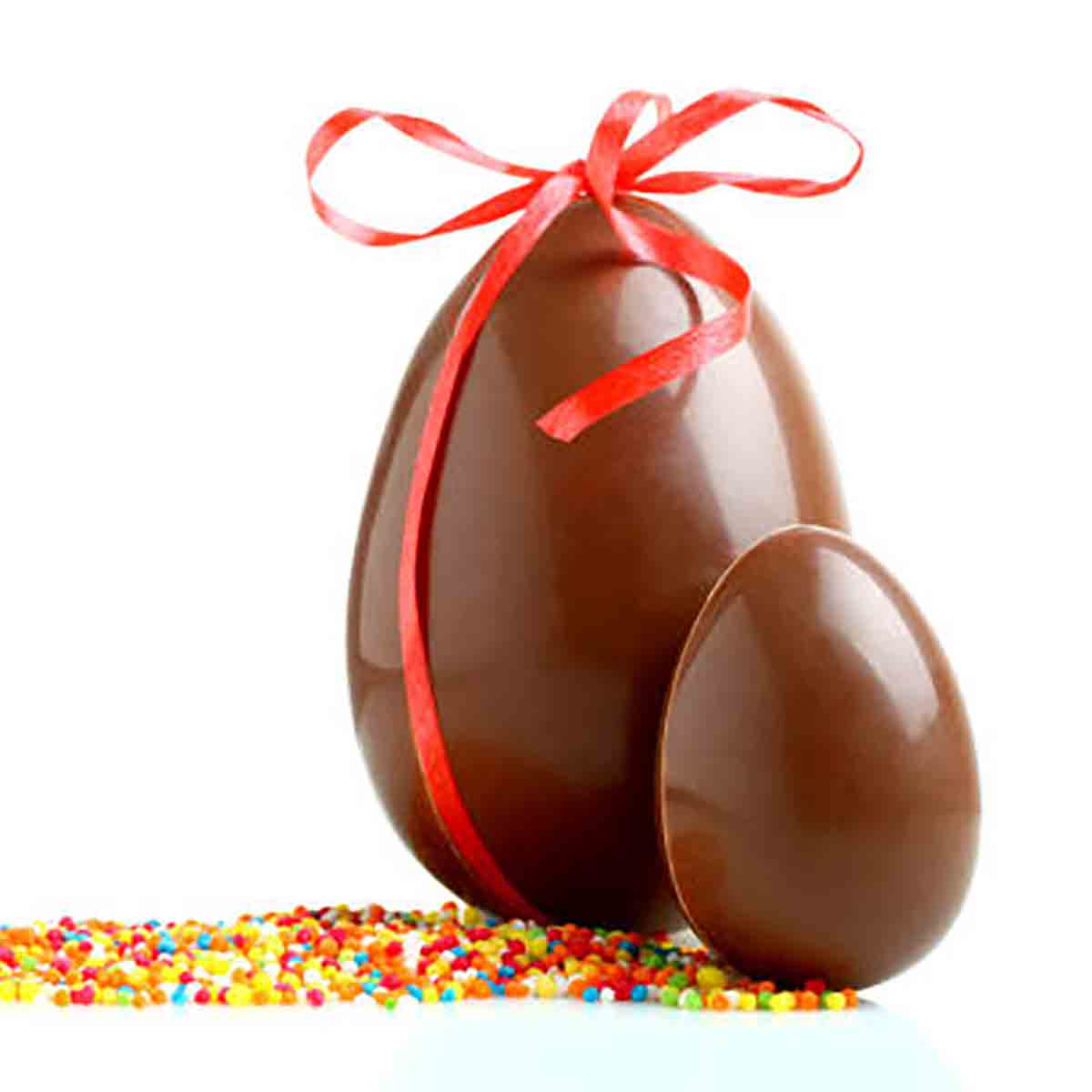 Two chocolate eggs, one small and one large.