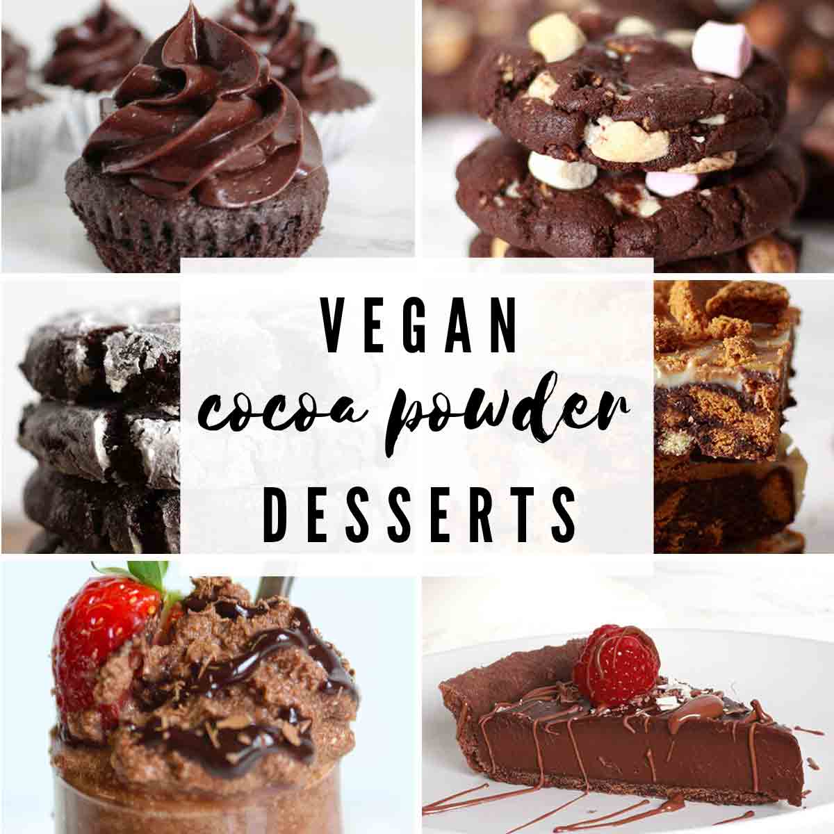 Desserts Image Collage With Text Overlay That Reads 'vegan Cocoa Powder Desserts'