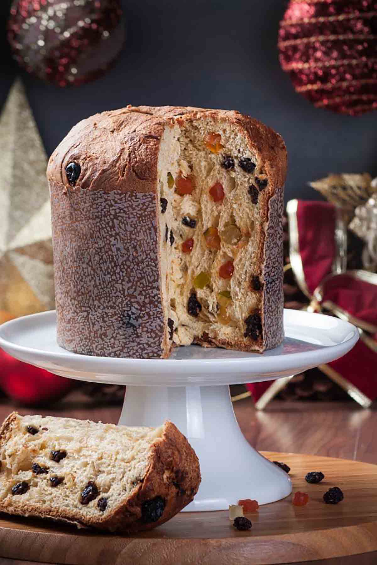 Fruity Panettone With Christmas Decor In The Background