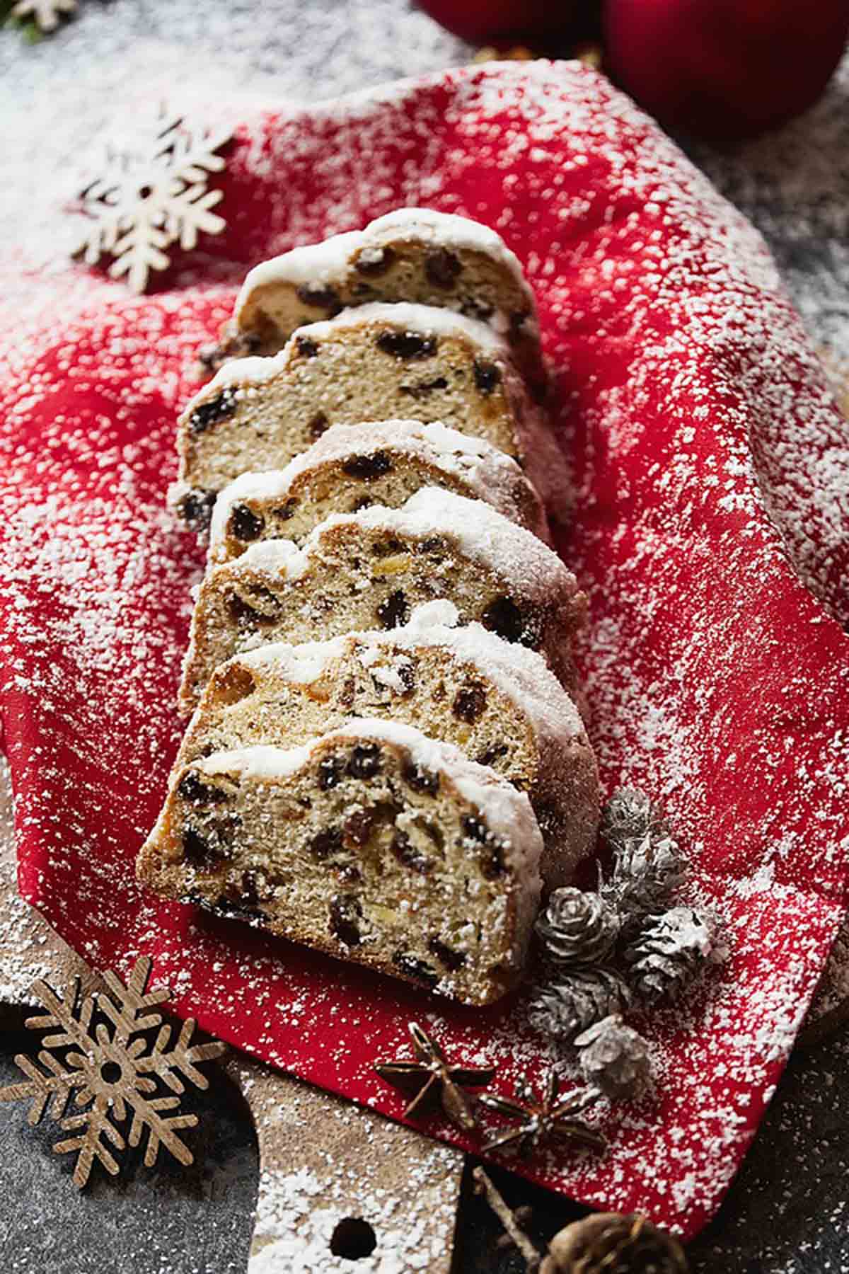 Slices Of Fruity Stollen On A Christmas Cloth