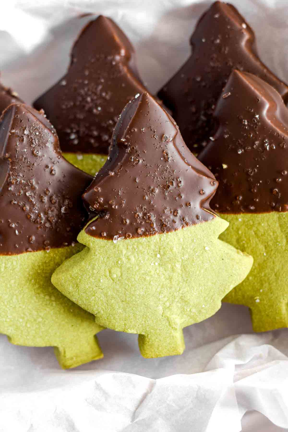 Gluten Free Matcha Shortbread Shaped Like Christmas Trees