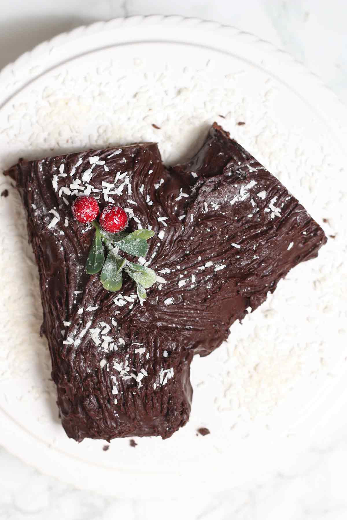 Overhead Shot Of Yule Log On Cake Stand