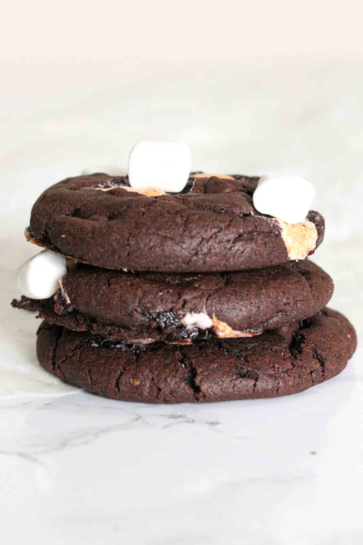 Stack Of 3 Vegan Hot Chocolate Cookies With Marshmallows