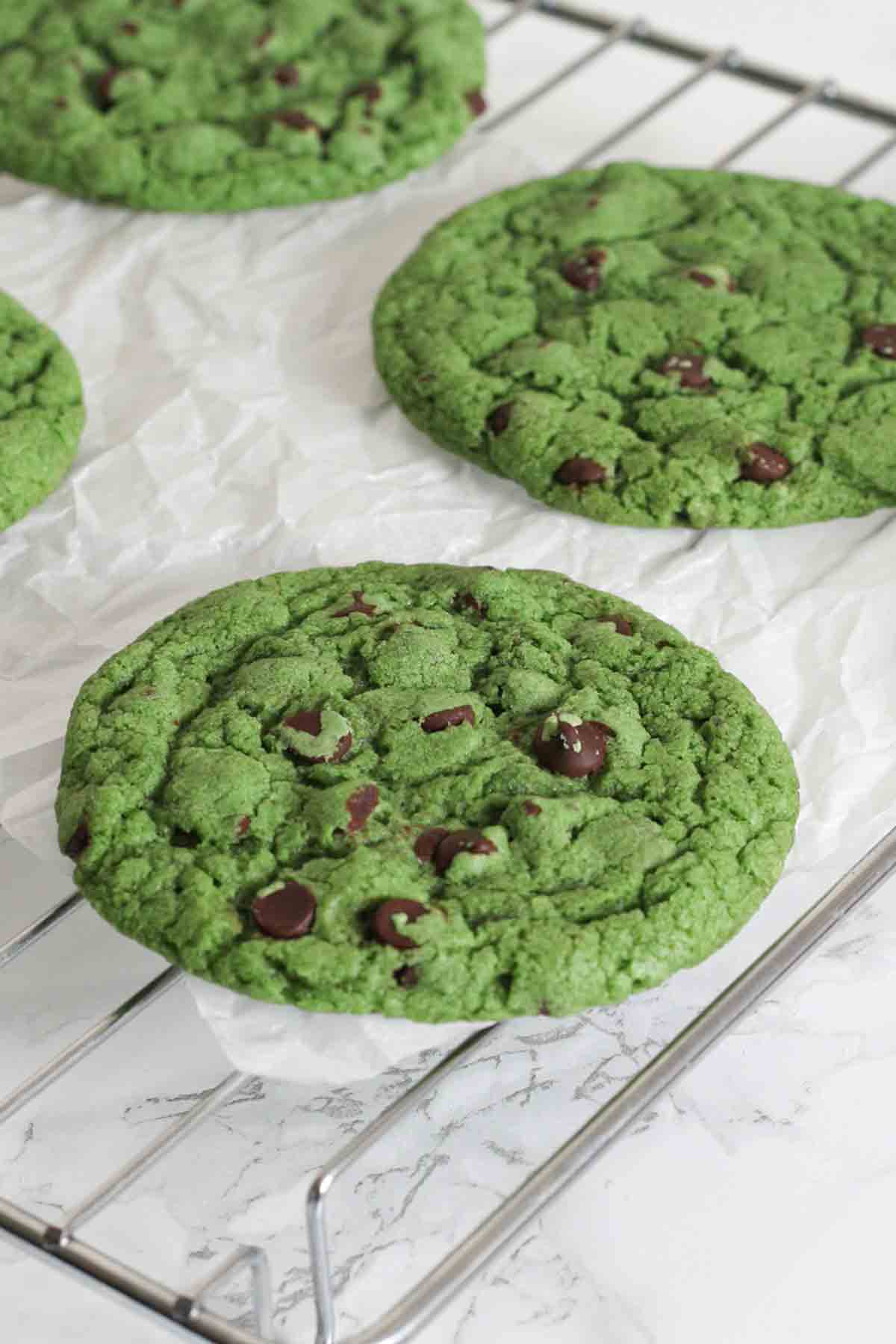 Vegan Mint Choc Cookies On A Wire Rack