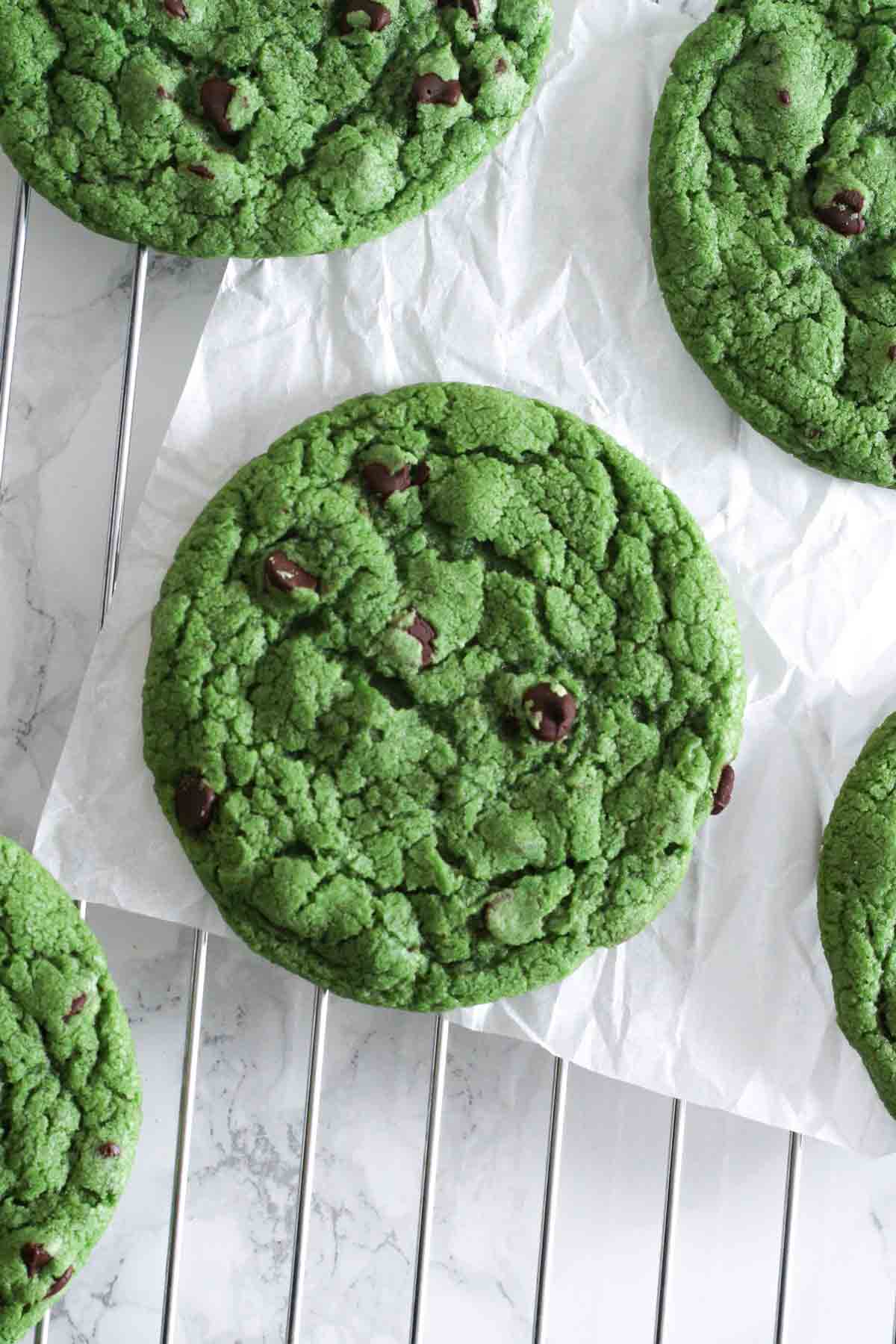 Vegan Mint Chocolate Chip Cookies On A Wire Rack